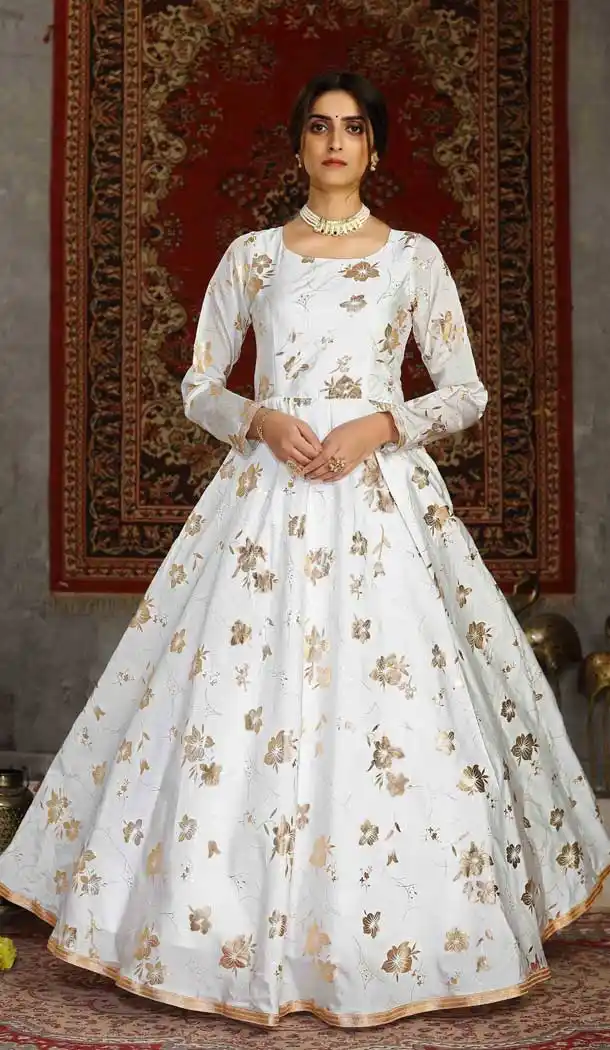 White Color Taffeta Silk Designer Party Wear Aanarkali Long Gown -956126071