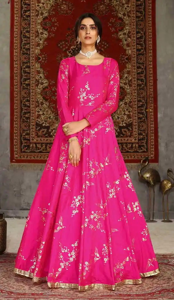 Deep Pink Color Taffeta Silk Designer Party Wear Aanarkali Long Gown -956126073