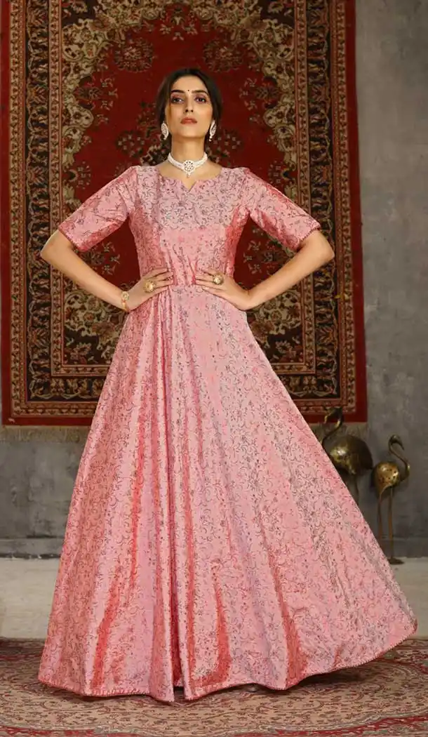 Pink Color Taffeta Silk Designer Party Wear Aanarkali Long Gown -956126075