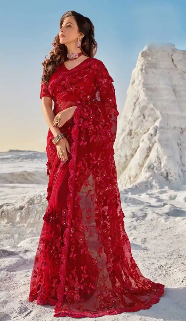 Red Color Digital Net Fancy Designer Bridal Party Wear Saree -969126222