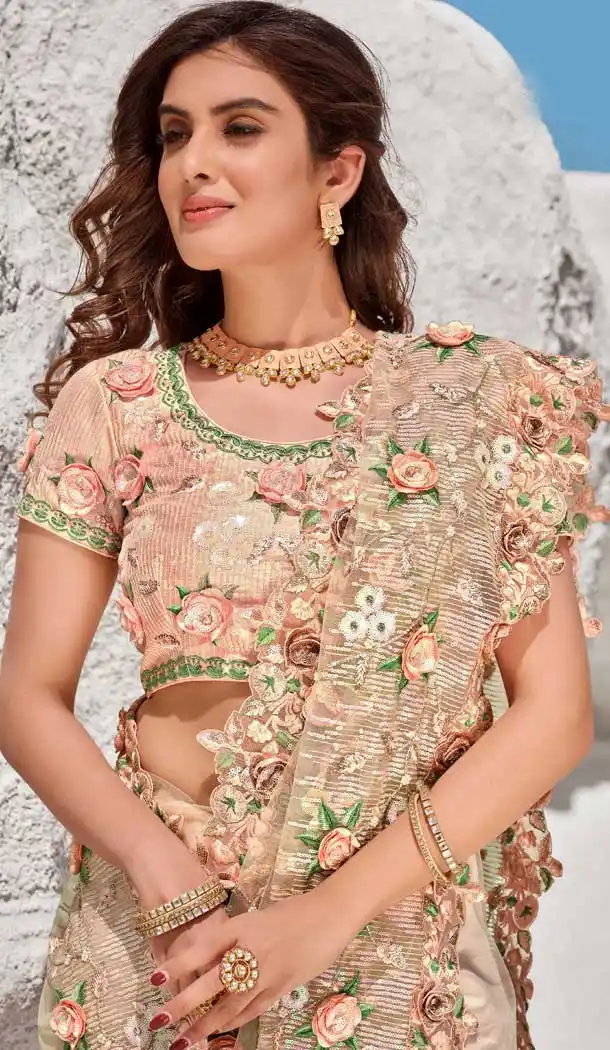Peach Color Digital Net Fancy Designer Bridal Party Wear Saree -969126224