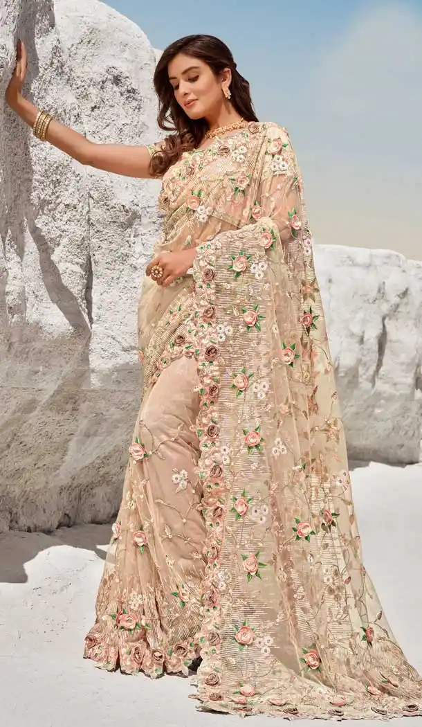 Peach Color Digital Net Fancy Designer Bridal Party Wear Saree -969126224