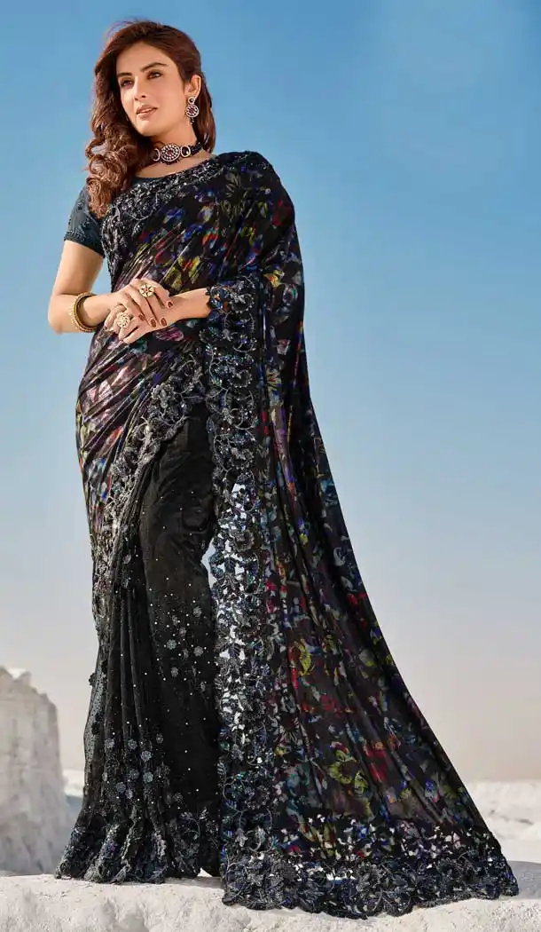 Black Color Digital Net Fancy Designer Bridal Party Wear Saree -969126225