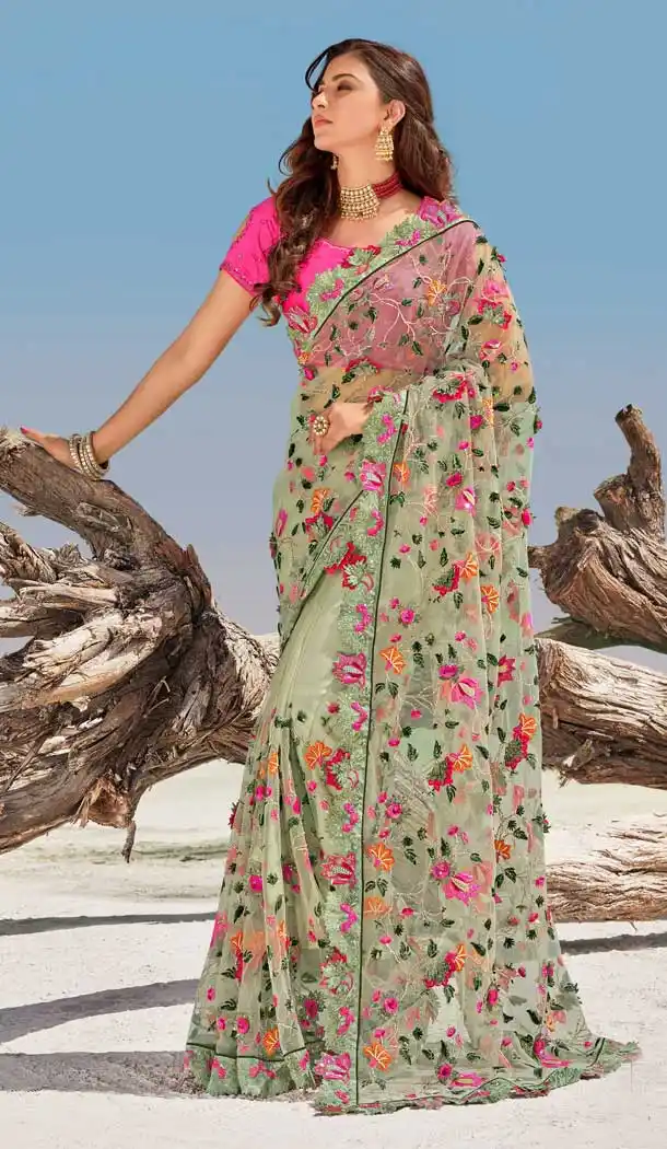 Pista Color Digital Net Fancy Designer Bridal Party Wear Saree -969126227