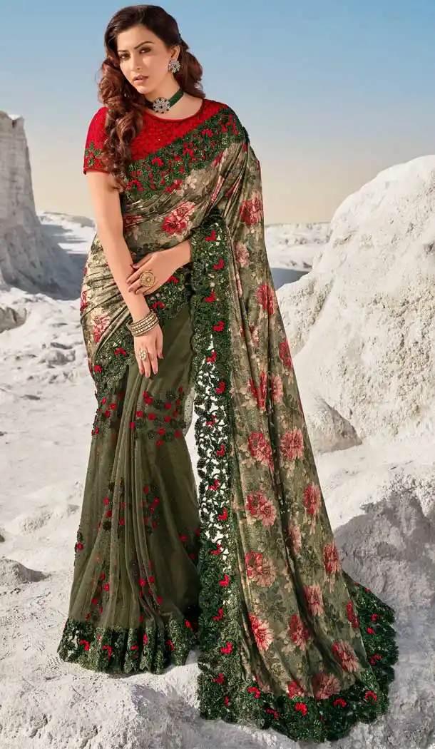 Mehendi Color Digital Net Fancy Designer Bridal Party Wear Saree -969126228