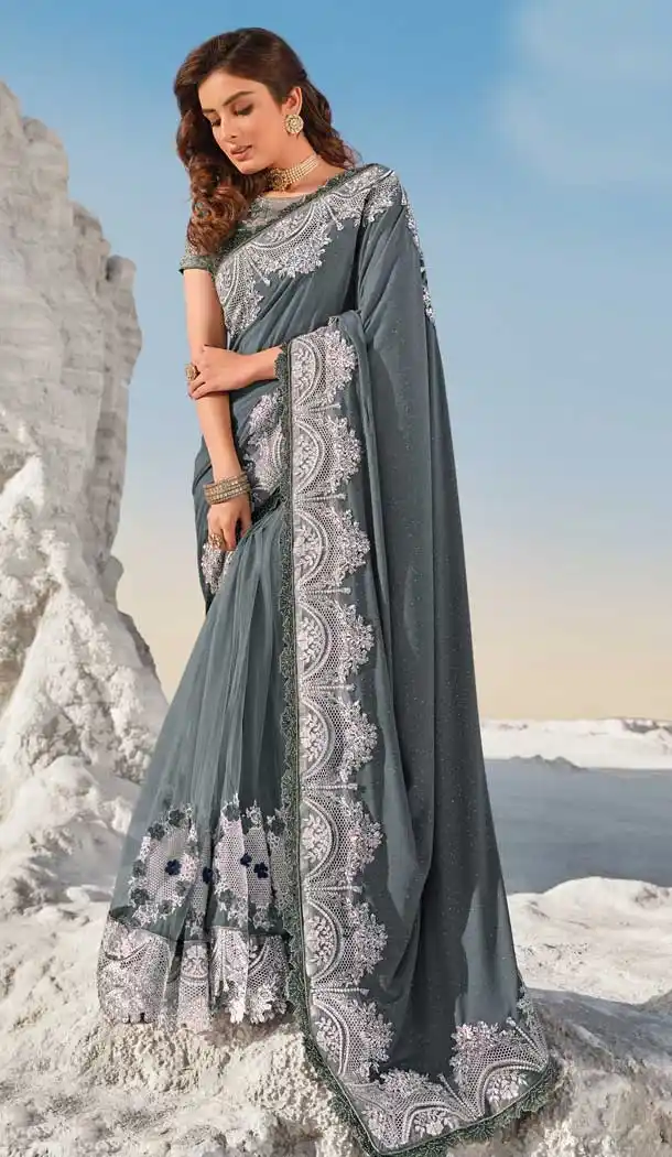 Grey Color Digital Net Fancy Designer Bridal Party Wear Saree -969126230