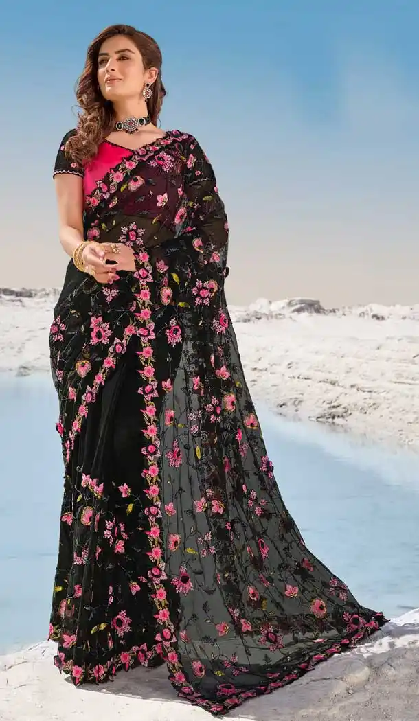 Black Color Digital Net Fancy Designer Bridal Party Wear Saree -969126231