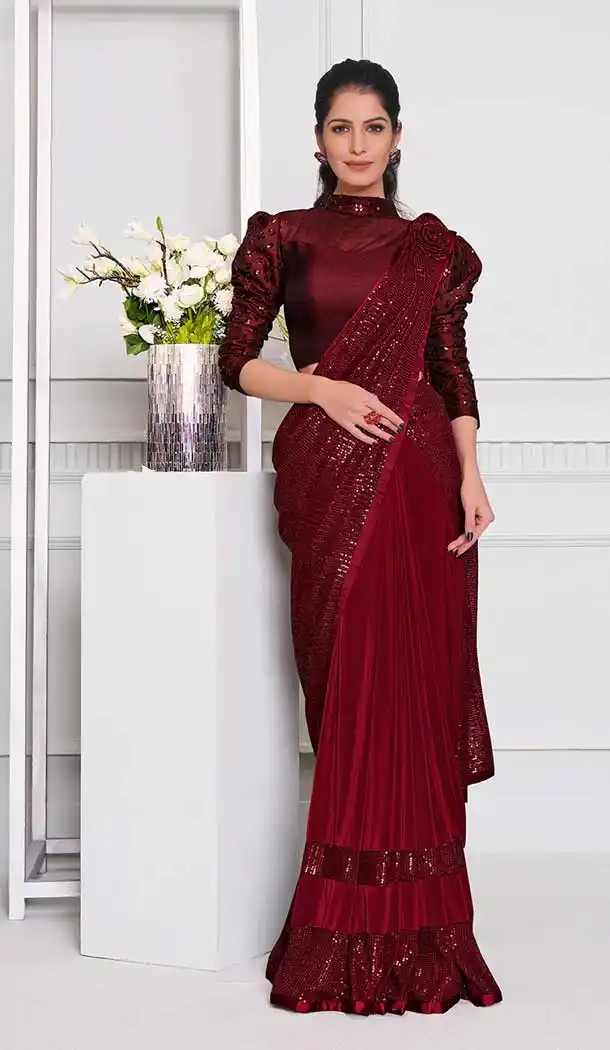 Maroon Color Lycra Fancy Designer Party Wear Lehenga Style Saree -970126232