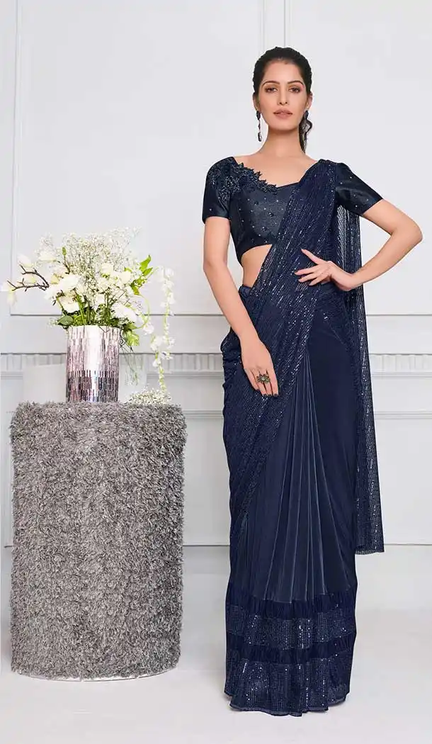 Navy Blue Color Lycra Fancy Designer Party Wear Lehenga Style Saree -970126233