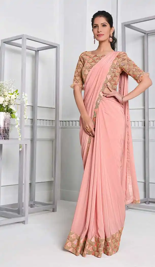 Rose Pink Color Lycra Fancy Designer Party Wear Lehenga Style Saree -970126234