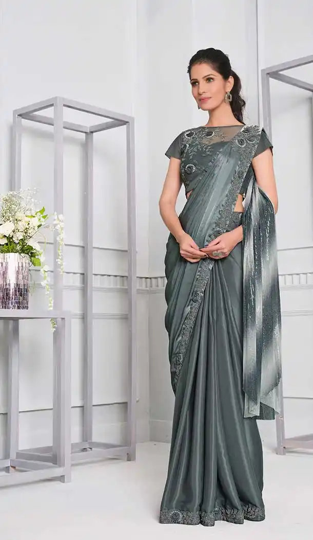 Grey Color Silk Georgette Fancy Designer Party Wear Lehenga Style Saree -970126235