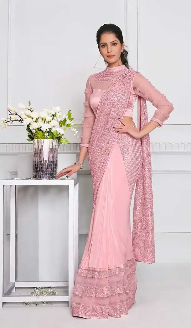Gleaming Rose Pink Color Lycra Fancy Designer Party Wear Lehenga Style Saree -970126236