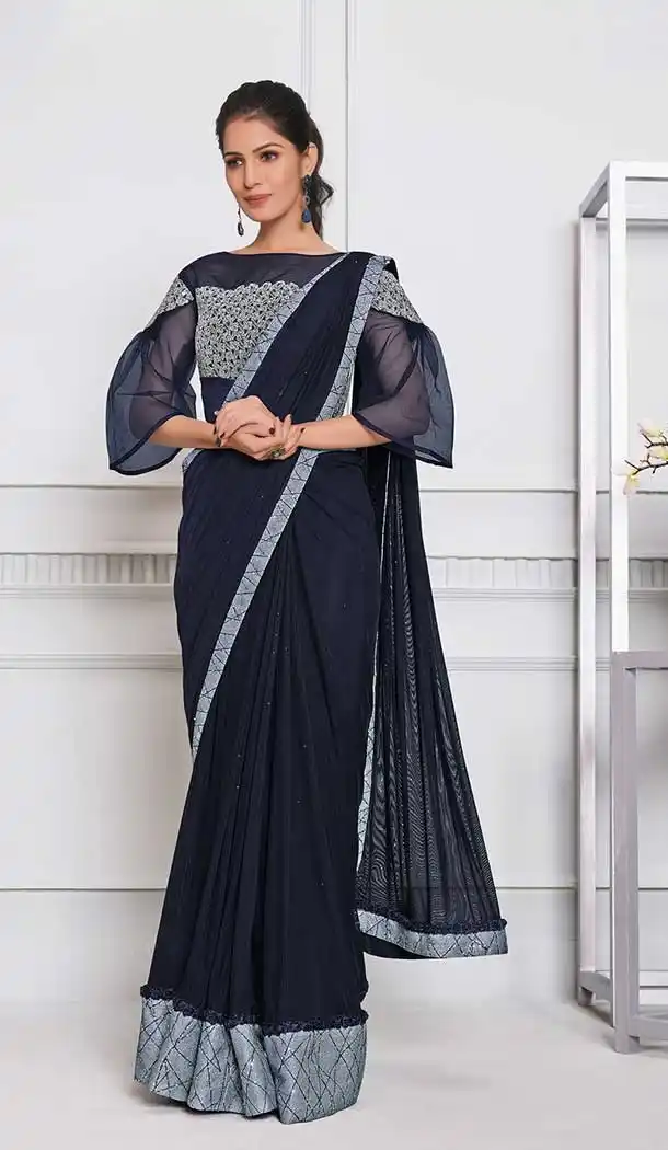 Navy Blue Color Lycra Net Fancy Designer Party Wear Lehenga Style Saree -970126237