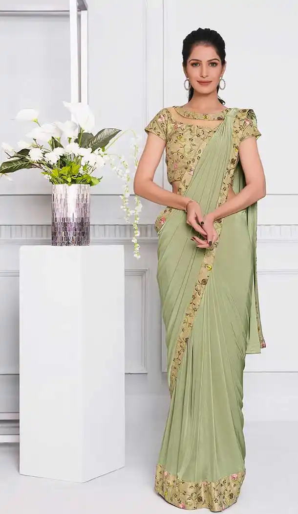 Pista Color Lycra Fancy Designer Party Wear Lehenga Style Saree -970126238