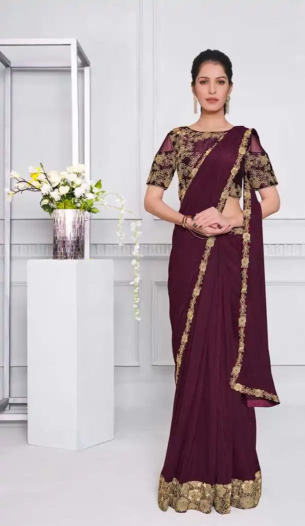 Wine Color Lycra Net Fancy Designer Party Wear Lehenga Style Saree -970126239