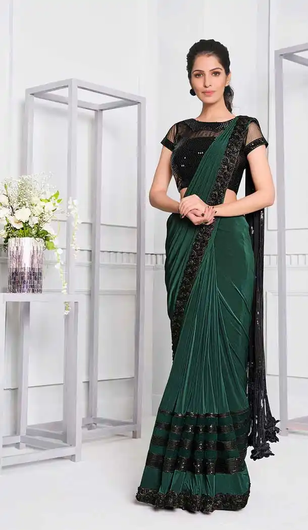 Dark Green Color Lycra Fancy Designer Party Wear Lehenga Style Saree -970126240