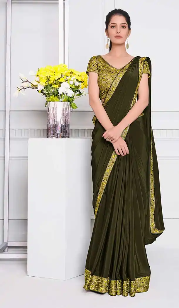 Mehendi Color Silk Georgette Fancy Designer Party Wear Lehenga Style Saree -970126241