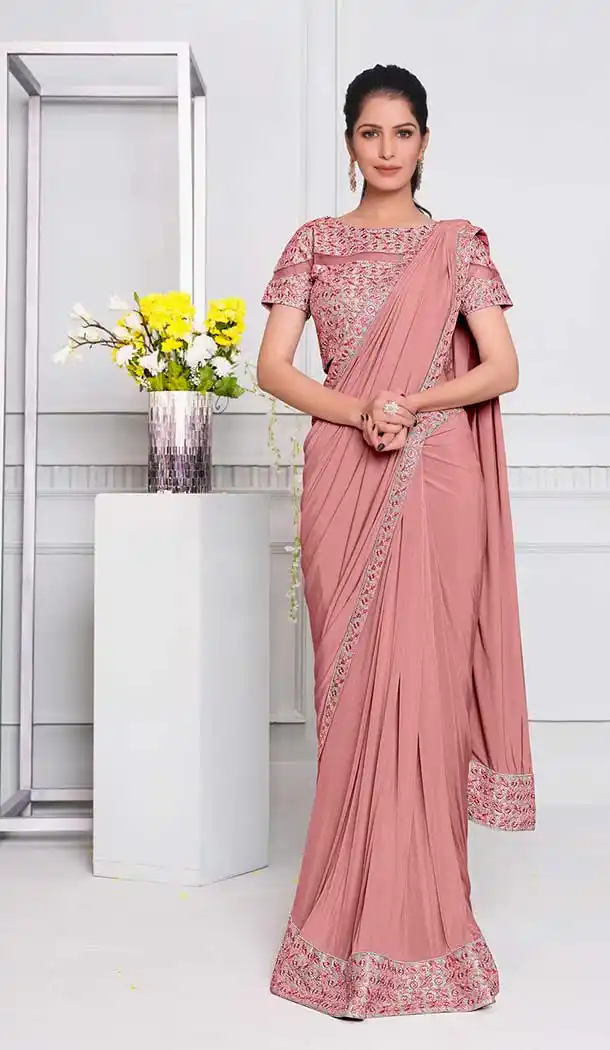 Rose Pink Color Lycra Fancy Designer Party Wear Lehenga Style Saree -970126243