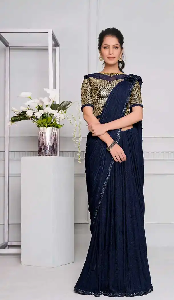 Navy Blue Color Lycra Fancy Designer Party Wear Lehenga Style Saree -970126244