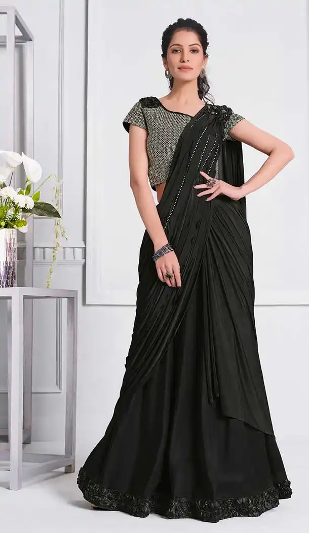 Black Color Lycra Fancy Designer Party Wear Lehenga Style Saree -970126245
