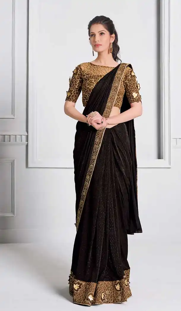 Coffee Color Lycra Fancy Designer Party Wear Lehenga Style Saree -970126247