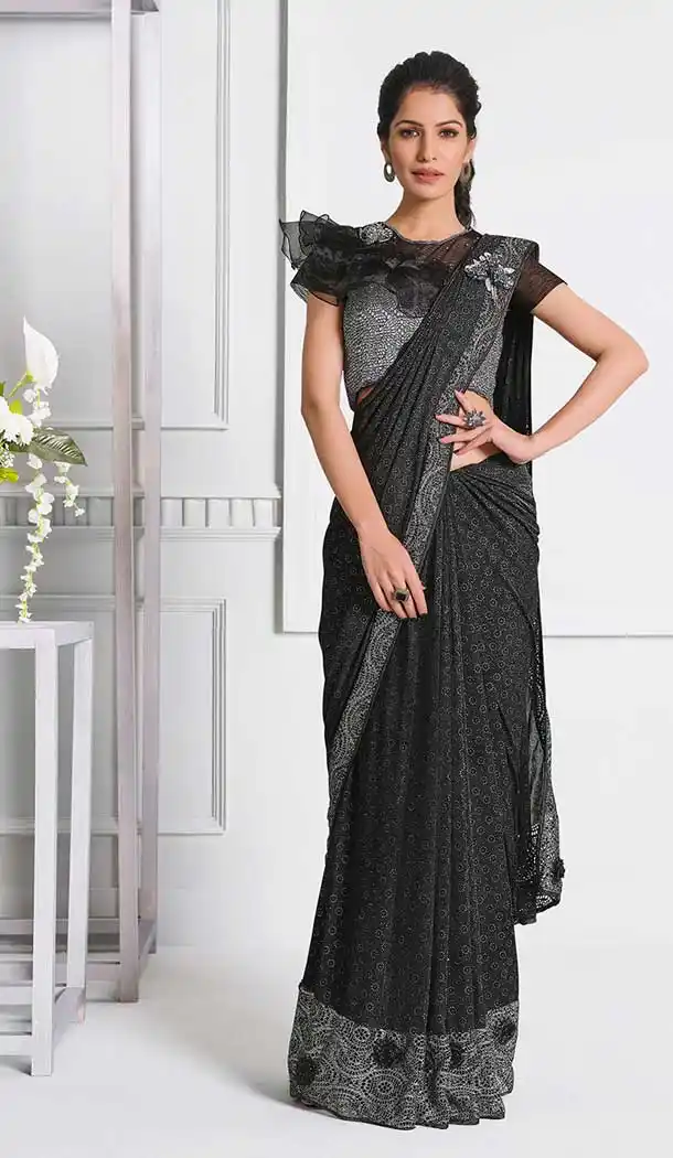 Splendorous Grey Color Lycra Fancy Designer Party Wear Lehenga Style Saree -970126248