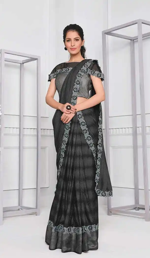 Vivacious Grey Color Lycra Fancy Designer Party Wear Lehenga Style Saree -970126249
