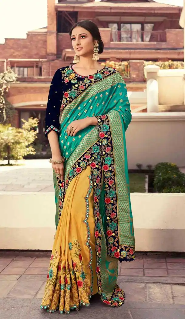 Sky Blue Yellow Color Fancy Fabric Designer Traditional Party Wear Saree -971126253