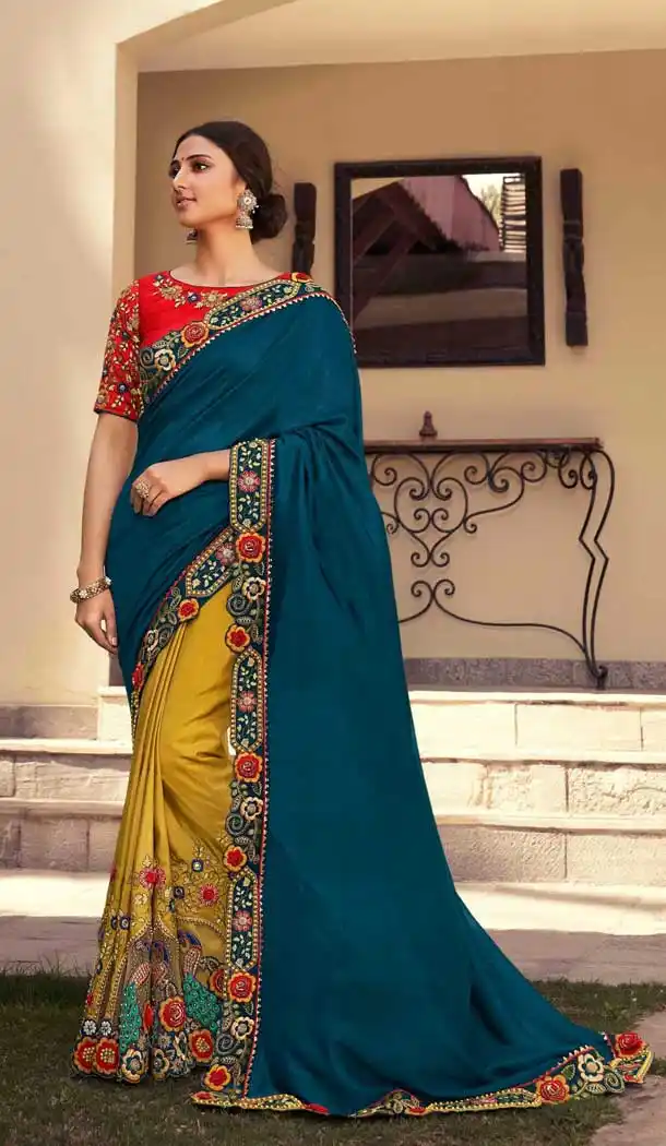Blue Yellow Color Fancy Fabric Designer Traditional Party Wear Saree -971126256