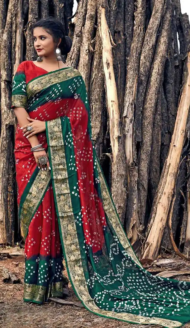 Maroon And Green Color Viscose Gujrati Bandhni Party Wear Saree -973126277