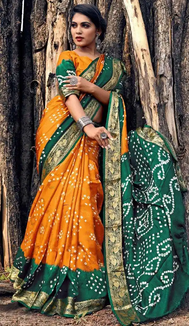 Musterd And Green Color Viscose Gujrati Bandhni Party Wear Saree -973126278