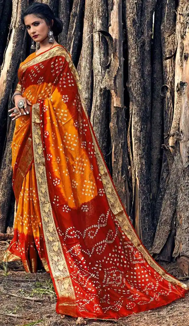 Musterd And Maroon Color Viscose Gujrati Bandhni Party Wear Saree -973126279