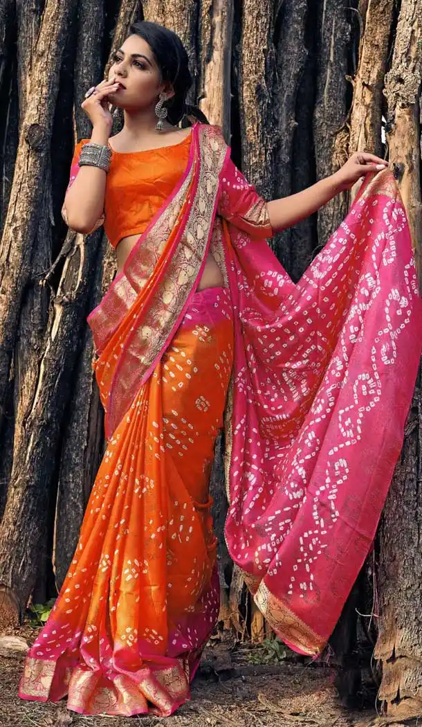 Orange And Pink Color Viscose Gujrati Bandhni Party Wear Saree -973126282
