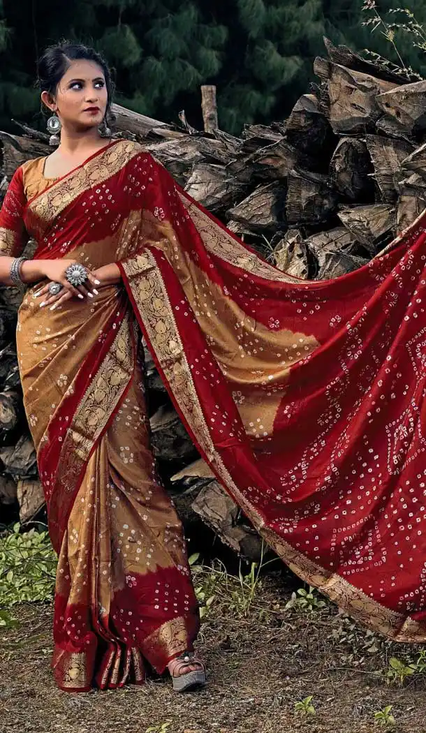 Brown And Maroon Color Viscose Gujrati Bandhni Party Wear Saree -973126283