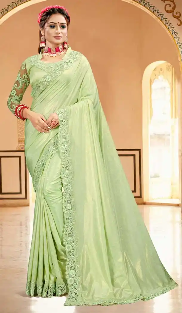 Pista Green Color Crape Silk With Foil Designer Party Wear Saree -979126348