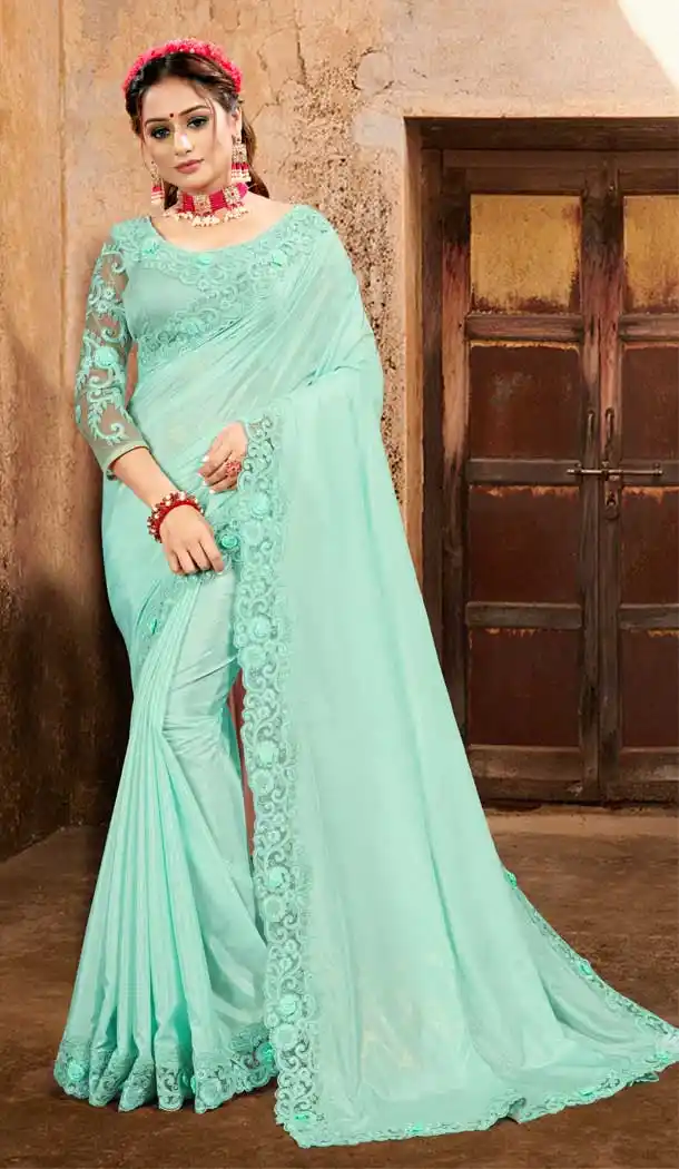 Aqua Color Crape Silk With Foil Designer Party Wear Saree -979126351
