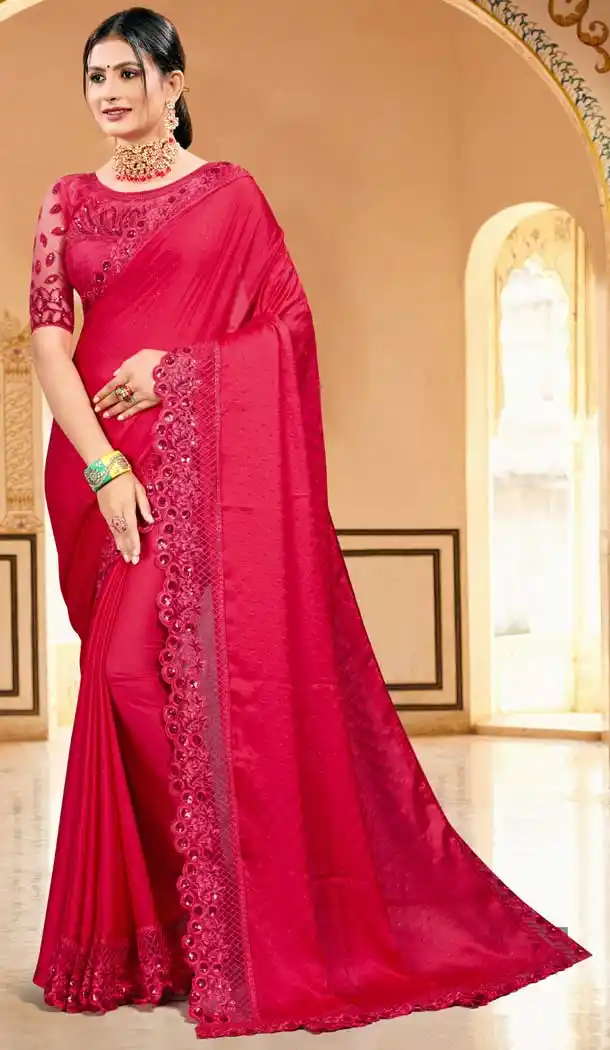 Stylish Redish Pink Color Silk Satin Designer Party Wear Saree -979126352