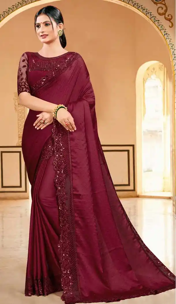 Maroon Color Silk Satin Designer Party Wear Saree Blouse -979126353