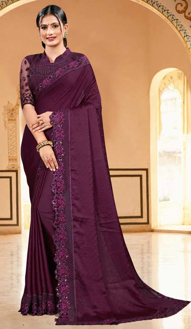 Gleaming Wine Color Silk Satin Designer Party Wear Saree Blouse -979126355