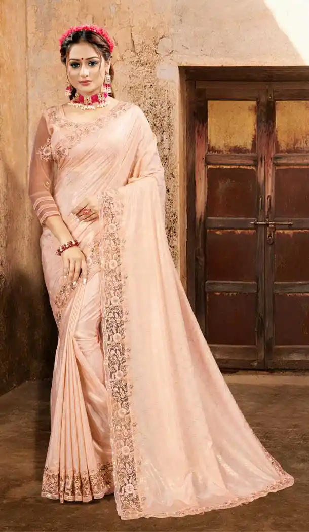 Peach Color Crape Silk With Foil Designer Party Wear Saree Blouse -979126356