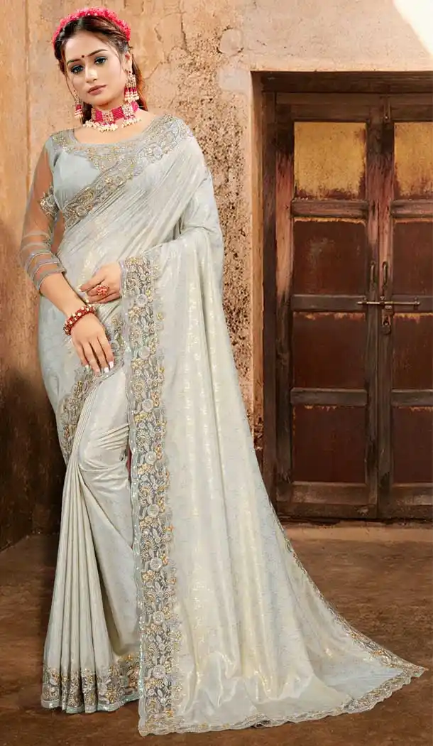 Grey Color Crape Silk With Foil Designer Party Wear Saree Blouse -979126358