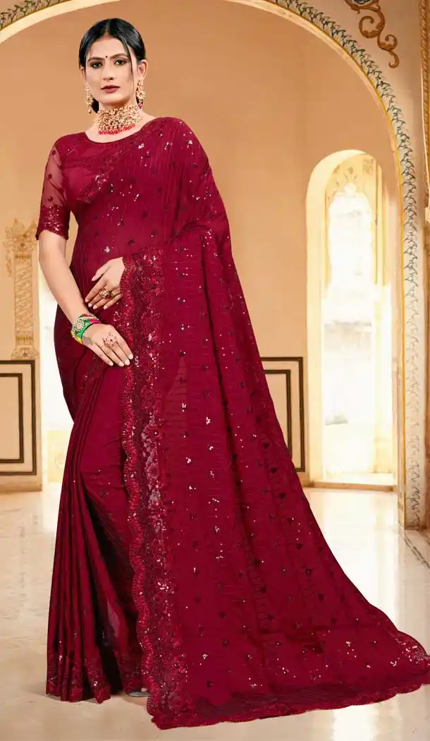 Maroon Color Silk Georgette Designer Party Wear Saree Blouse -979126361
