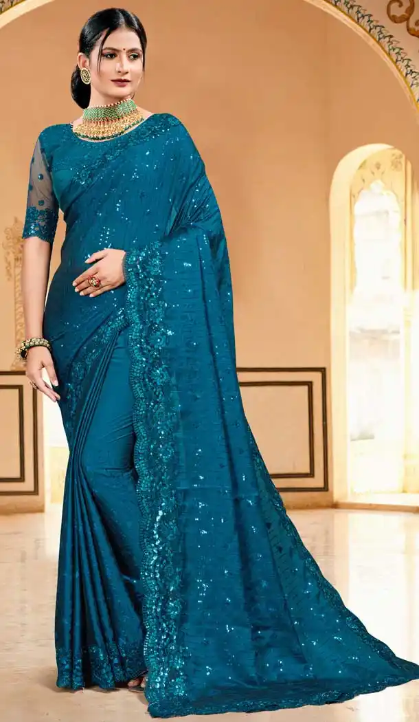 Teal Blue Color Silk Georgette Designer Party Wear Saree Blouse -979126362