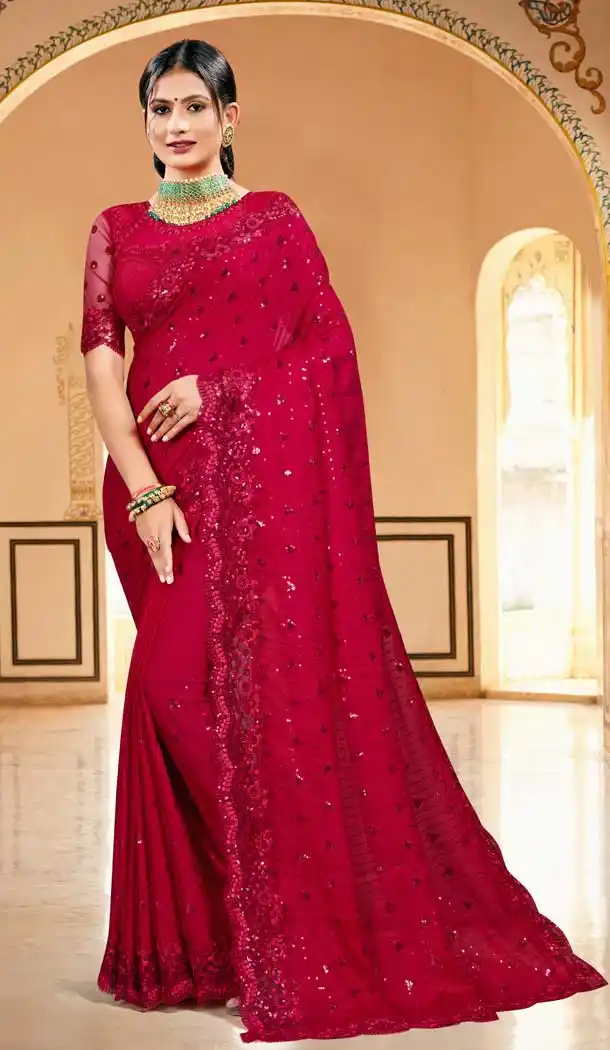 Redish Pink Color Silk Georgette Designer Party Wear Saree Blouse -979126363
