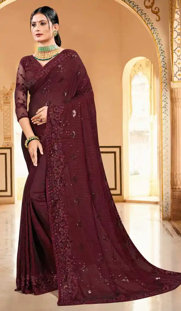 Brown Color Silk Georgette Designer Party Wear Saree Blouse -979126364