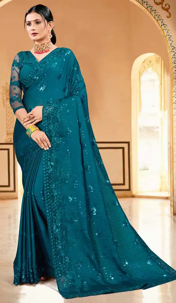 Teal Blue Color Silk Georgette Designer Party Wear Saree Blouse -979126366