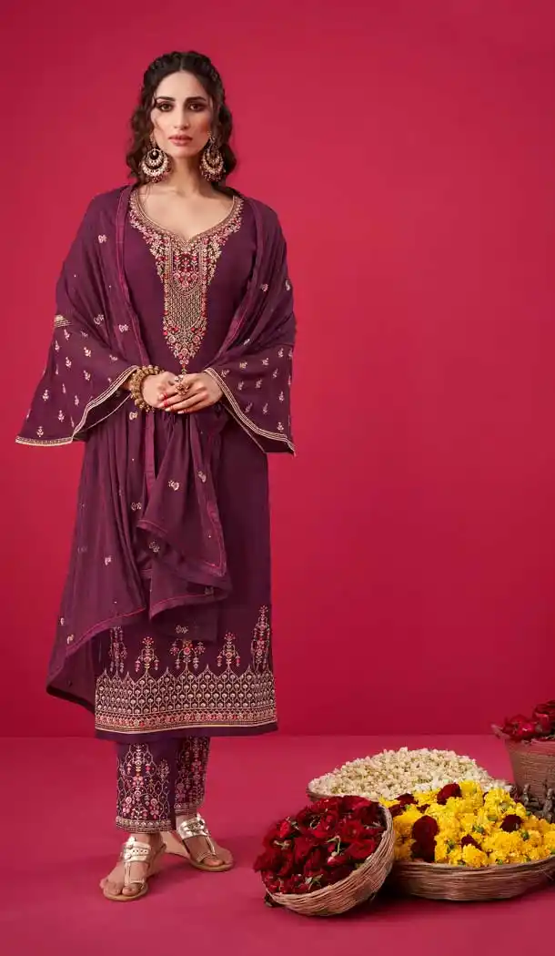 Wine Color Georgette Designer Pakistani Style Salwar Kameez -989126433