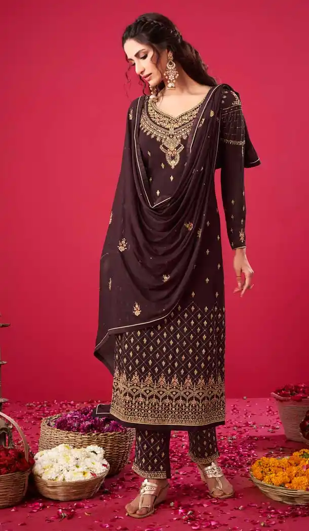 Brown Color Georgette Designer Pakistani Style Salwar Kameez -989126436