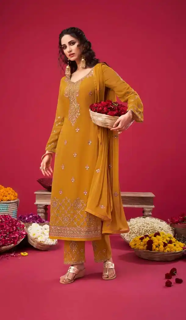 Musterd Color Georgette Designer Pakistani Style Salwar Kameez -989126437