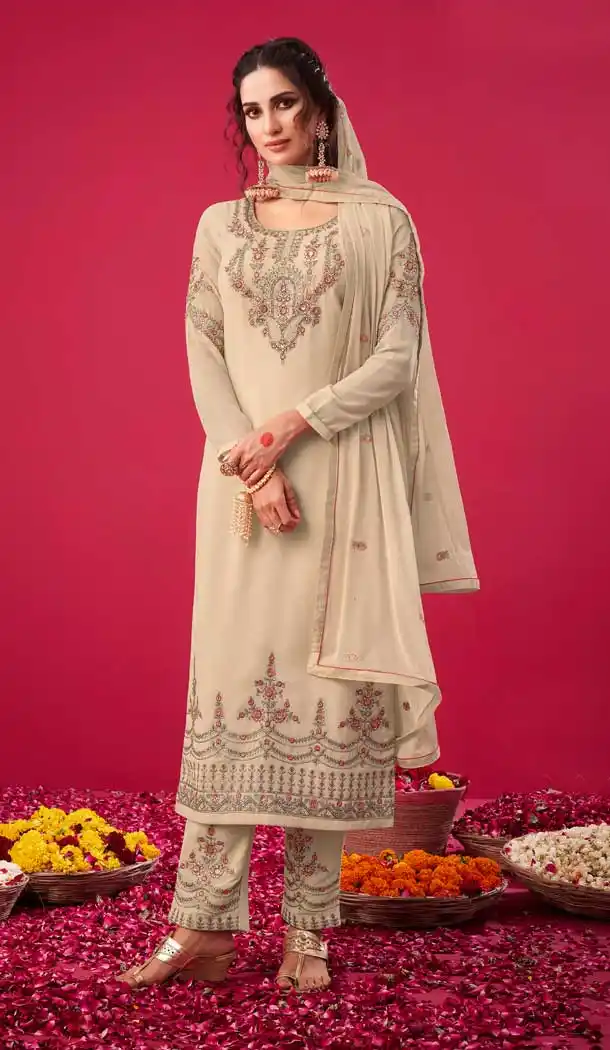 Cream Color Georgette Designer Pakistani Style Salwar Kameez -989126438